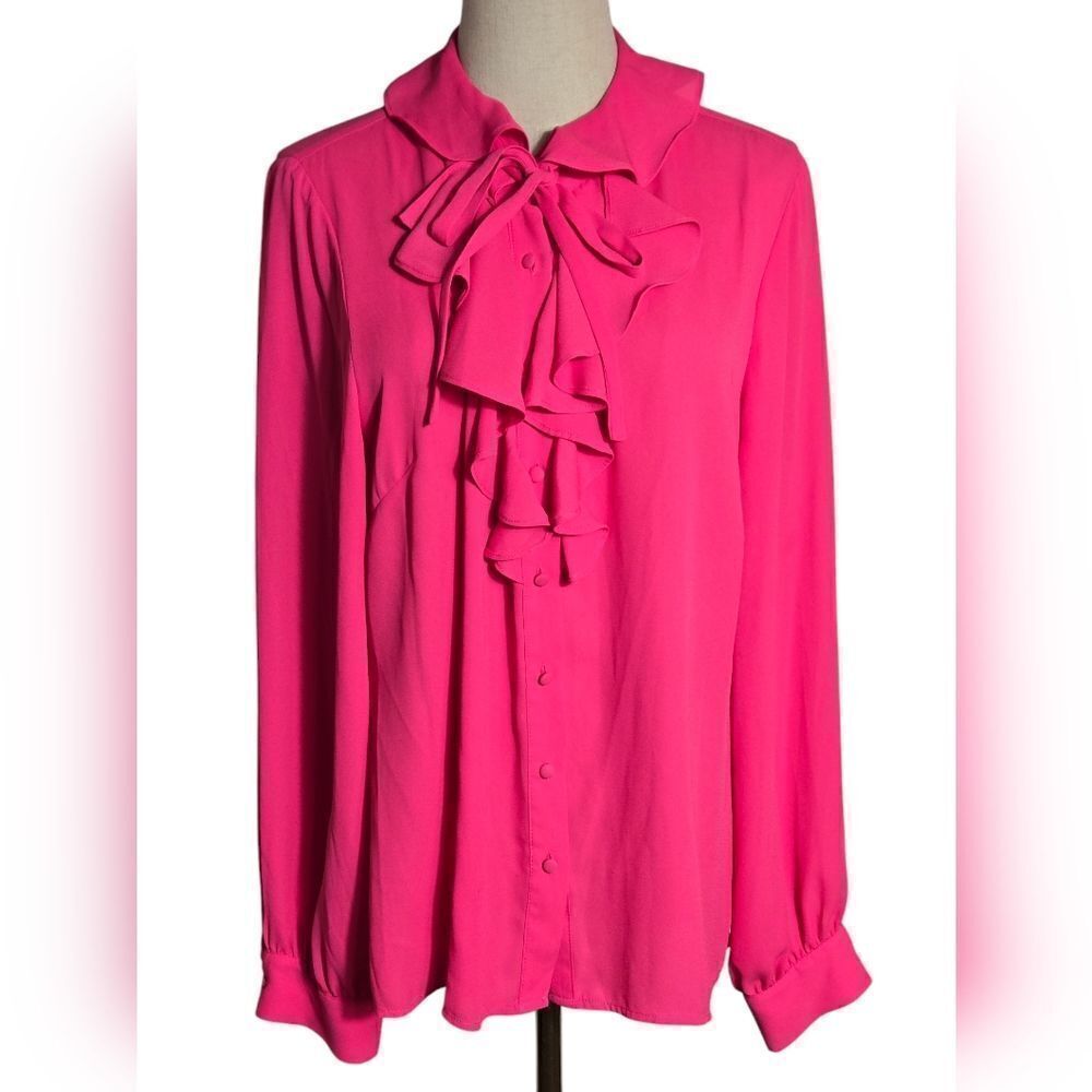 RILEY & RAE Hot Pink Ruffle and Tie Neck Blouse Top